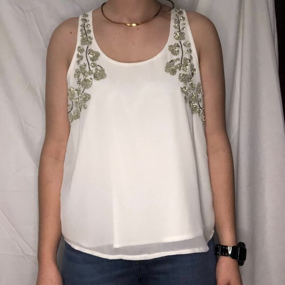 White Flowing Tank Top with Beading - Picture 1 of 3